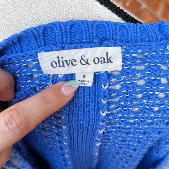 Olive & Oak Blue and White Crewneck Acrylic Cotton Sweater with Button Detail S - Picture 7 of 8
